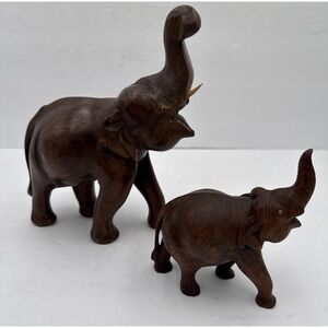 Vtg Hand Crafted carved, Dark Wood Elephant Statue Sculpture Mom & Baby Lot Of 2